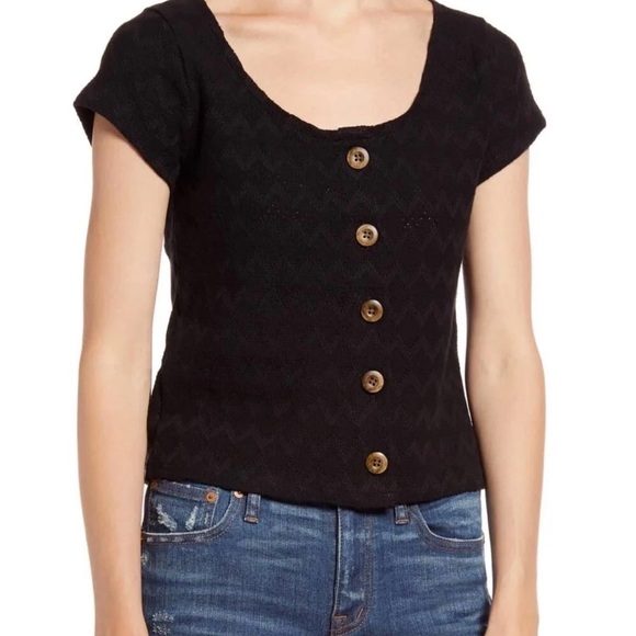 Madewell Tops - Madewell Black Knit Pointelle Button-Front Cotton Cropped Scoop Top Size XL